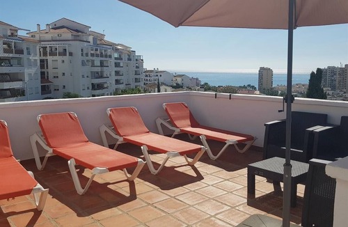Benalmadena Costa Apartment | "Penthouse apartment at Pueblo Evita" with Sea & Mountain View, Outdoor Pool, Terrace, A/C & Wi-Fi