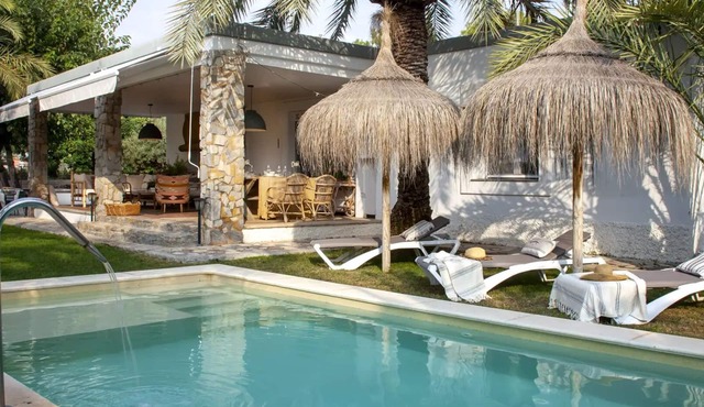 A lovely, newly renovated house set in a beautiful garden with palm trees, featuring a private pool